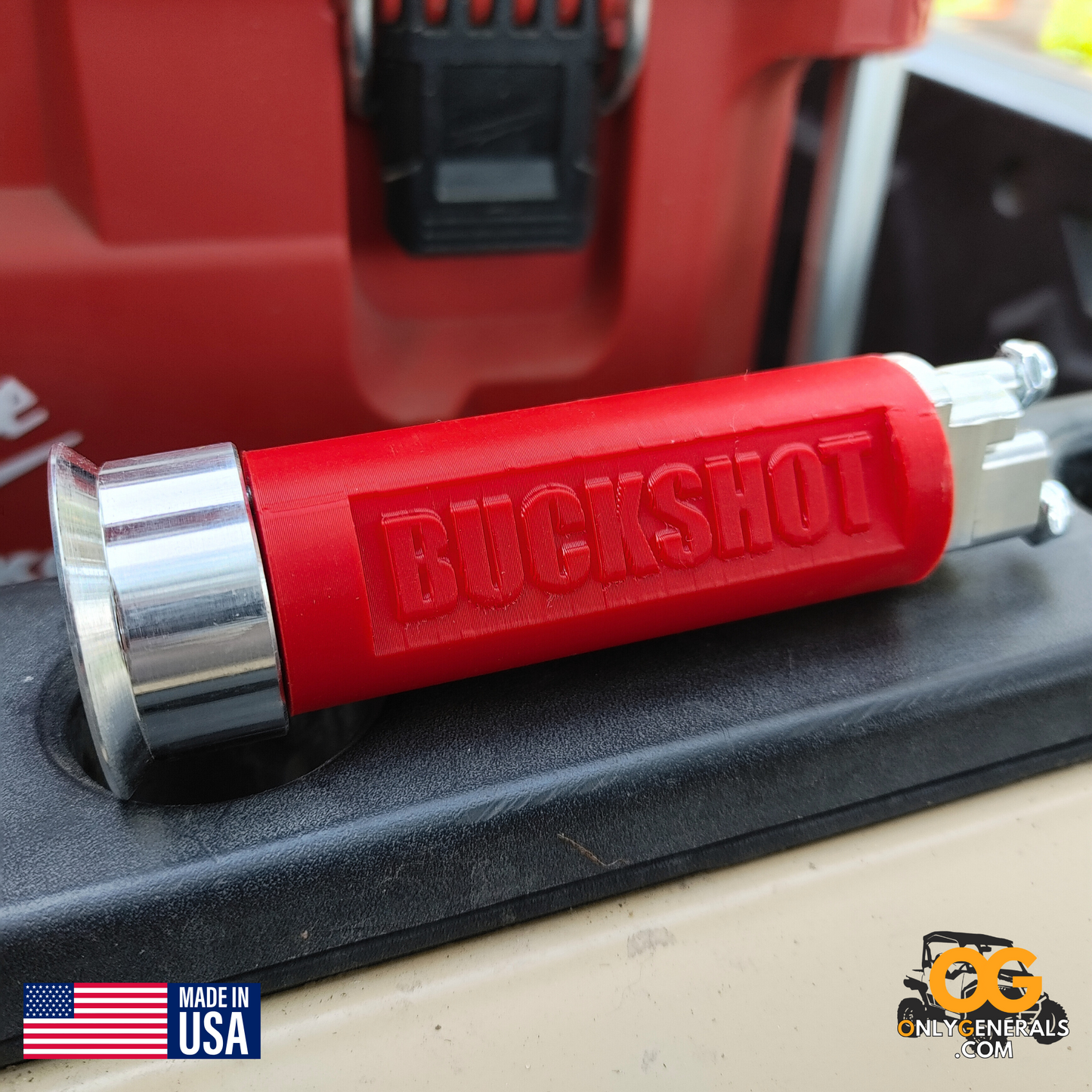 BUCKSHOT bed anchor sitting on the bed of a Polaris General showcasing the name "BUCKSHOT"
