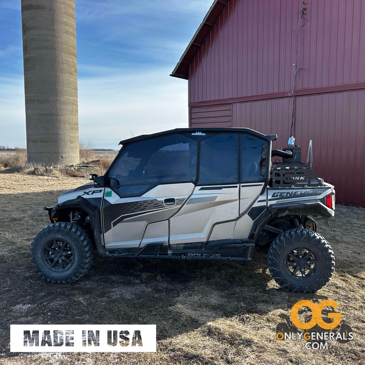 Side view of Polaris General with OG SideskinsLITE hard upper doors.
