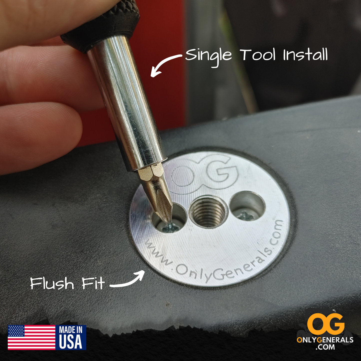 Tool being used to install a screw into a metal plate with 'Only Generals' branding.