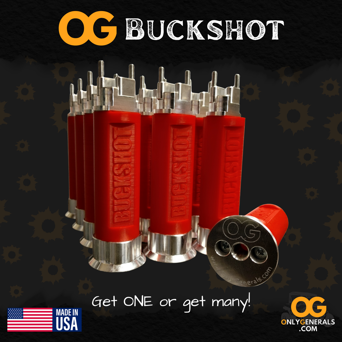 Red and silver "12ga shells" with 'OG Buckshot' branding on a dark background.