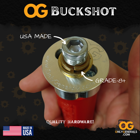 Metal component held in a hand with 'OG Buckshot' branding and text on a dark background.