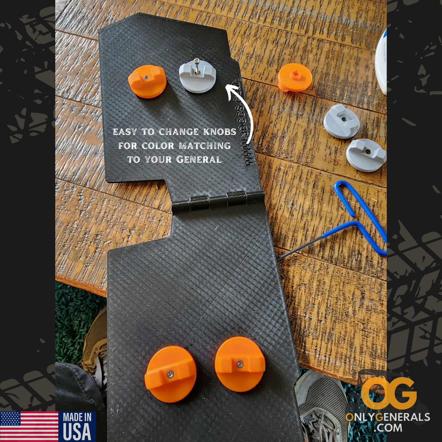 Showing the Polaris General Eliminator grill cover by OnlyGenerals with interchanging knobs for color matching.