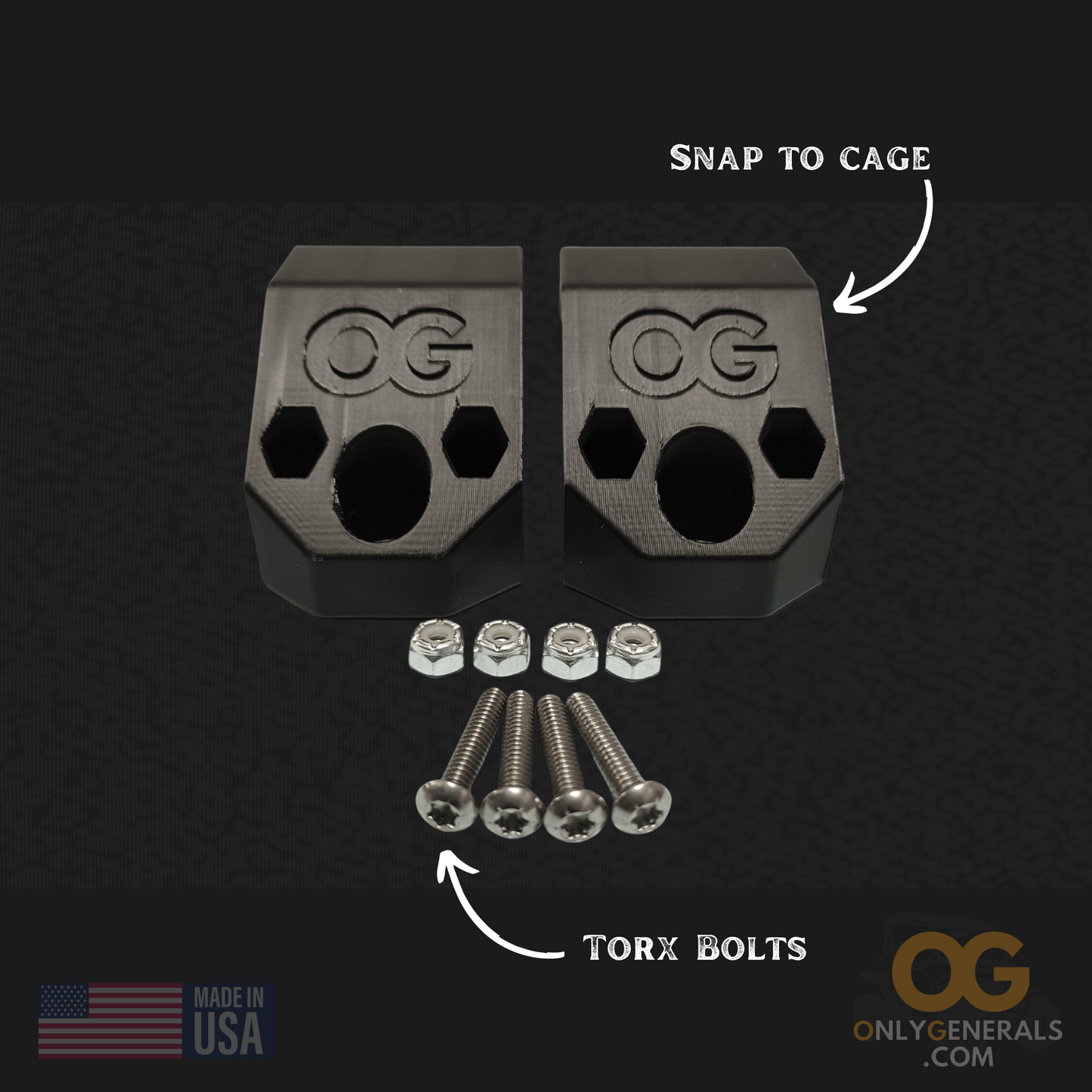 Showing the OnlyGenerals snap on cage mounts for the polari general front triangle filler kit with hardware displayed