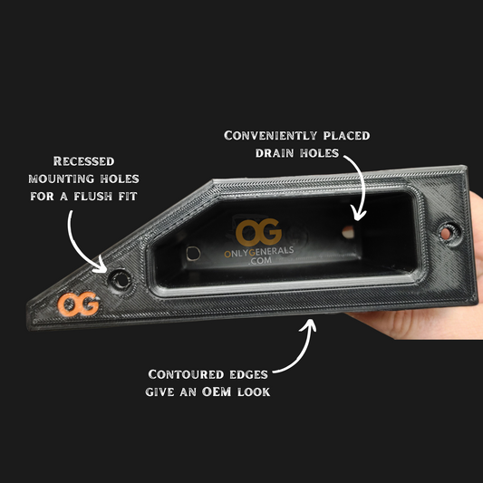 A driver side OG recessed door pull handle for the polaris general with overlays describing the main features.