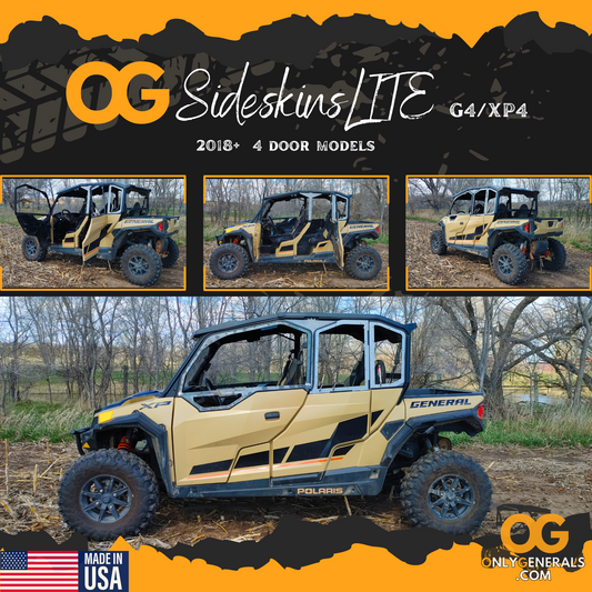Banner showing four views of our prototype SideskinLITE hard upper doors on the G4/XP4 for the Polaris General