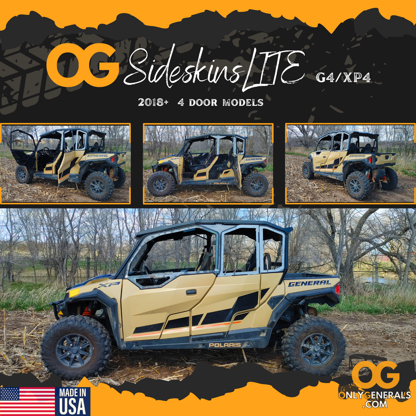 Banner showing four views of our prototype SideskinLITE hard upper doors on the G4/XP4 for the Polaris General