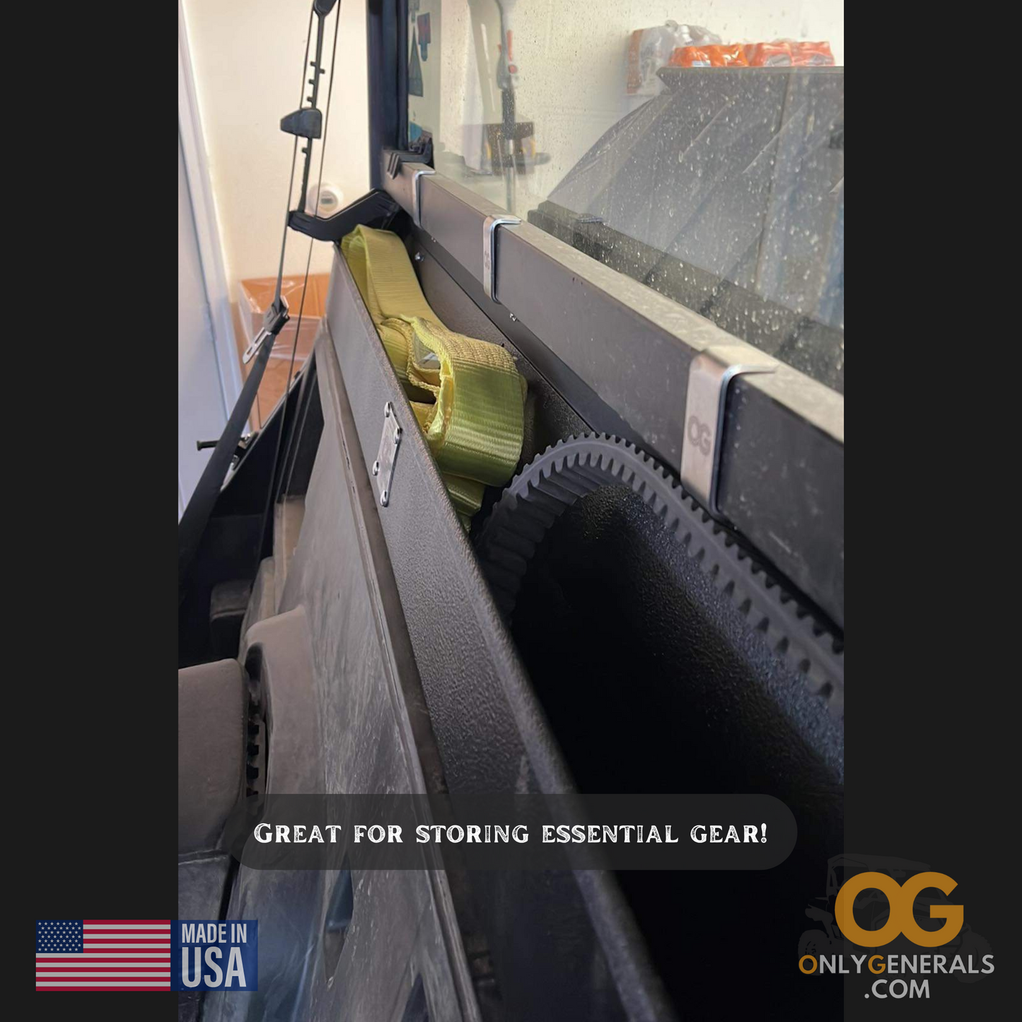 Customer submission of the OnlyGenerals full length storage tray for the polaris general mounted to the OG rear filler panel with extra gear in the tray