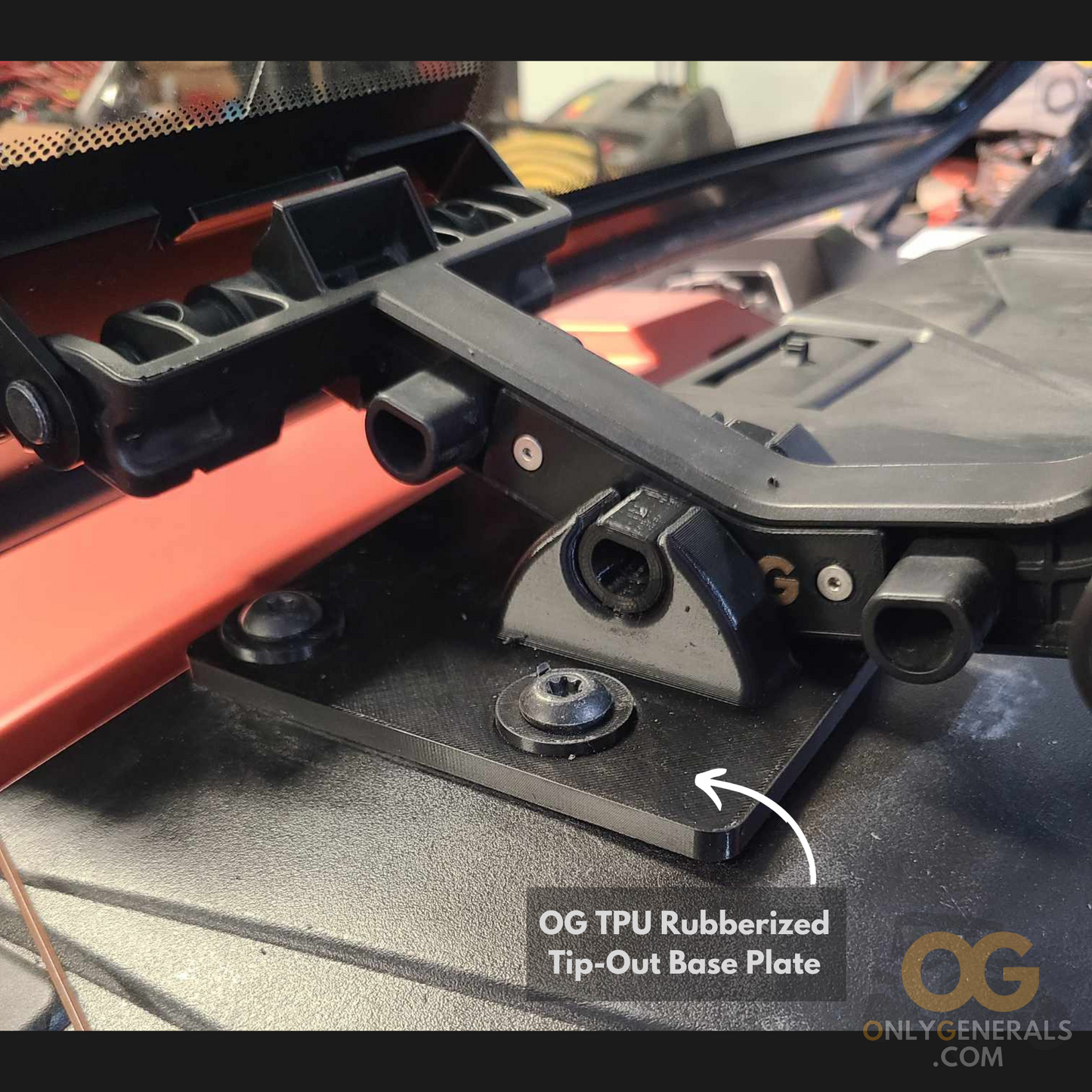 Fully installed OG tip-out insert kit on Polaris General t-handle attached to the windshield snapped into the new middle venting position on the OG TPU rubberized dash plate