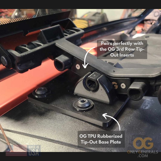 The OnlyGenerals TPU rubberized dash plate for the Polaris General tip-out windhsield.  Installed is also the OG 3rd row tip-out insert.