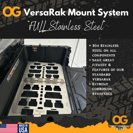 VersaRak Mount System with full stainless steel components on a black background, featuring Only Generals branding.