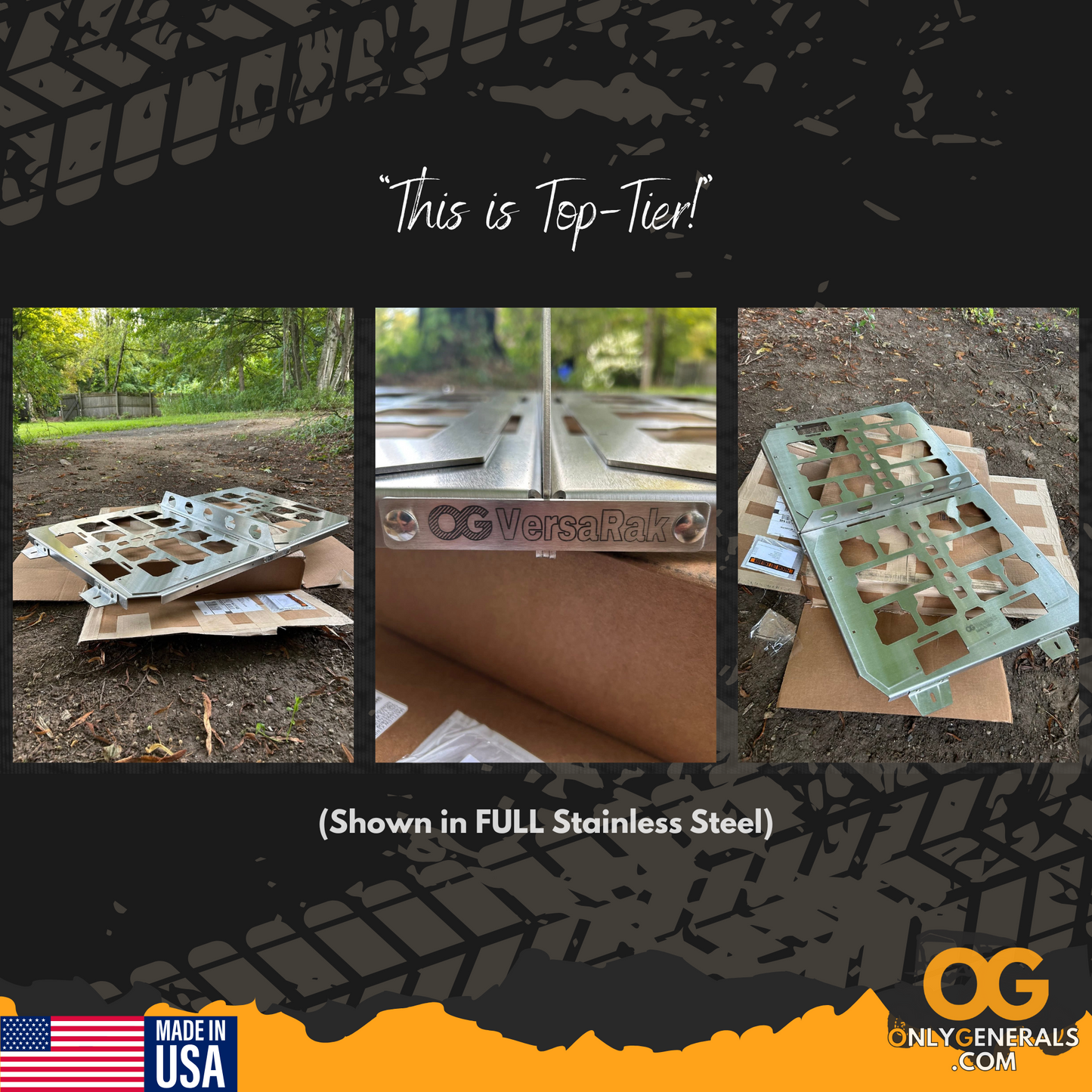 Metal product with 'OG VersaRak' branding shown in various settings with text 'This is Top Tier!' and 'Made in USA'.