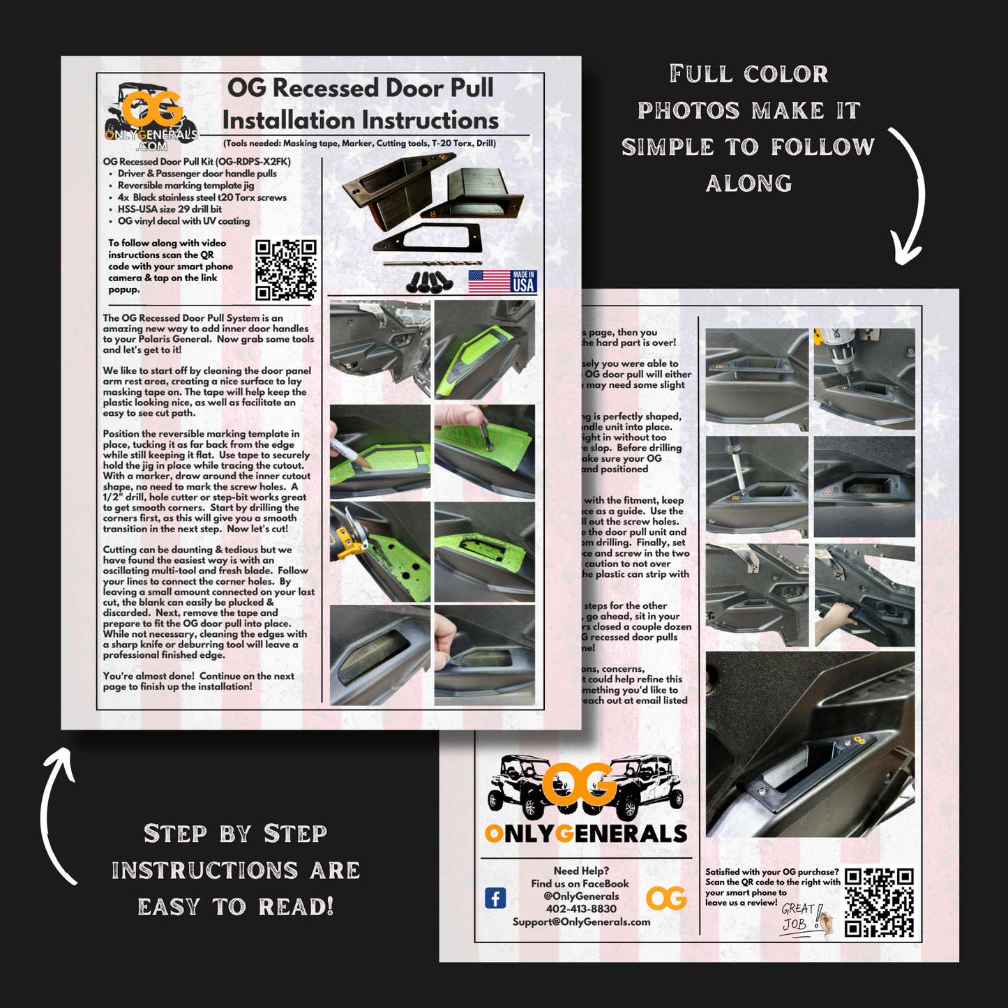 This image shows the front & back of the instruction manual for the OnlyGenerals recessed door pull system on the Polaris General along with text describing each side.