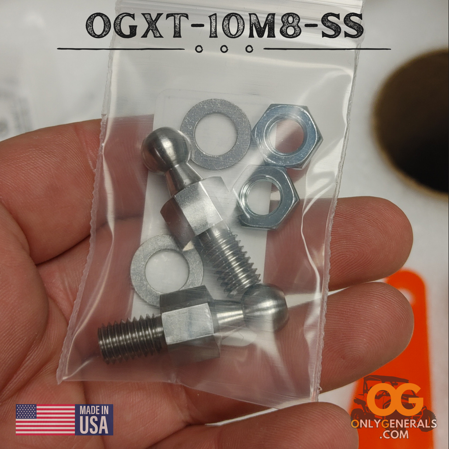 Showing a bagged kit of the OG extended ball studs for the Polaris General tip-out windshield system