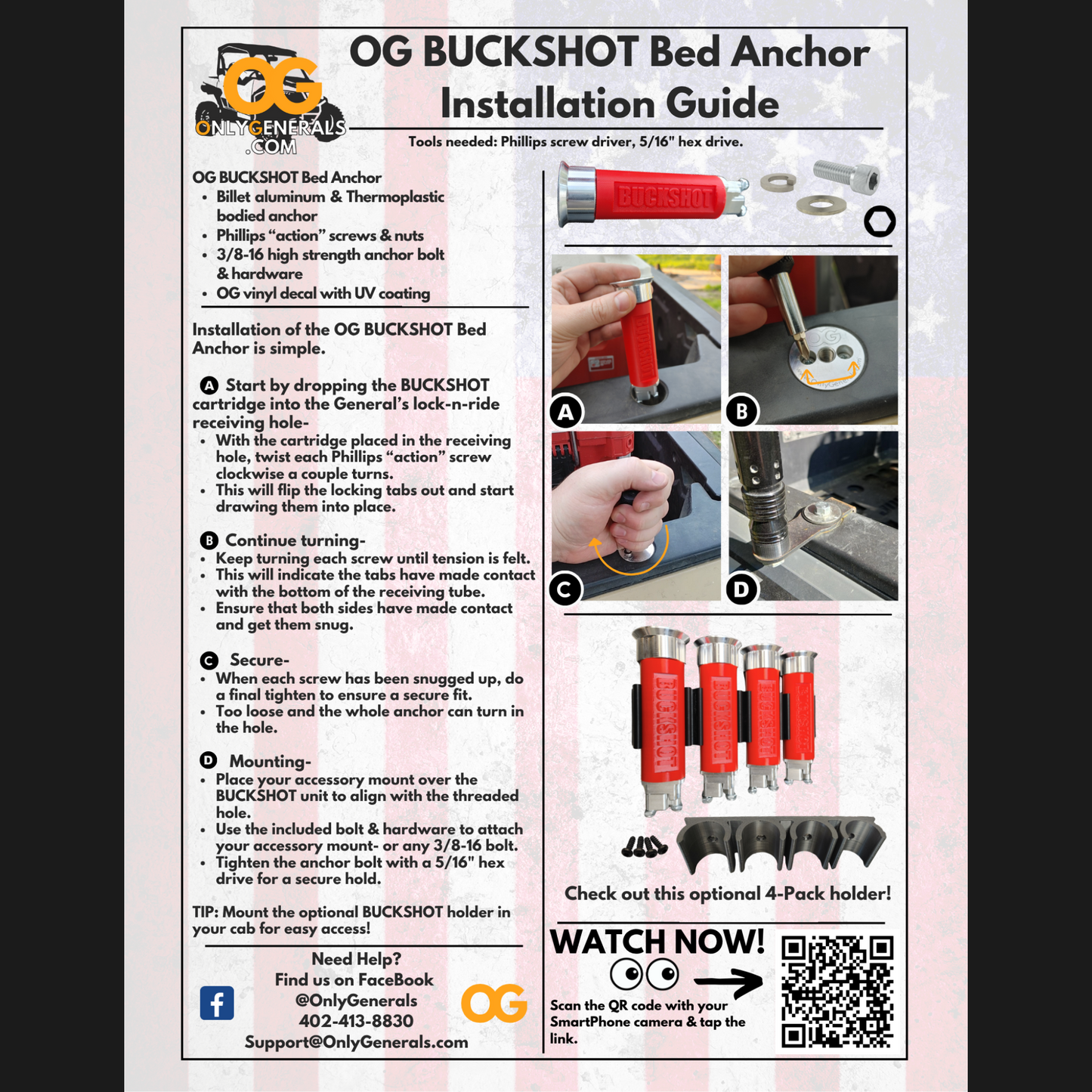 OG Buckshot Bed Anchor installation guide with text and images on a white background