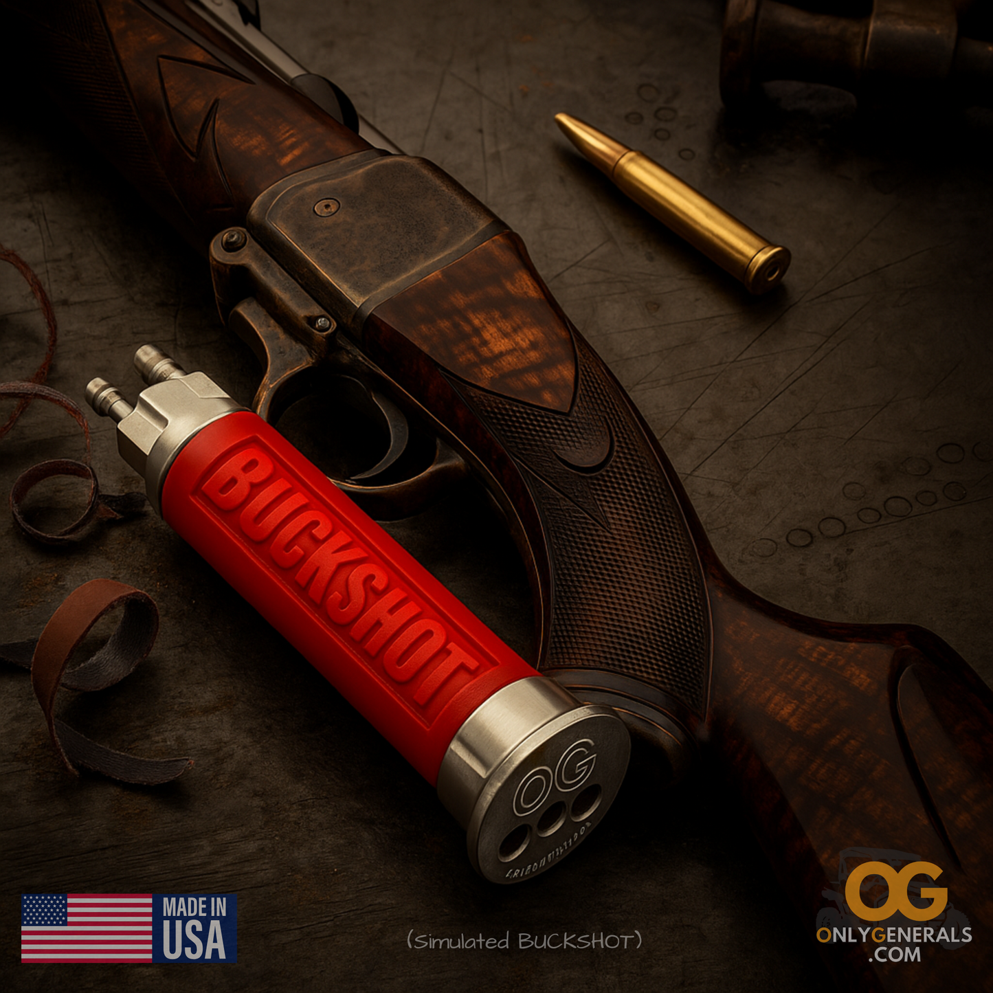 Shotgun with red 'Buckshot' shell on a dark surface, featuring 'Only Generals' branding.
