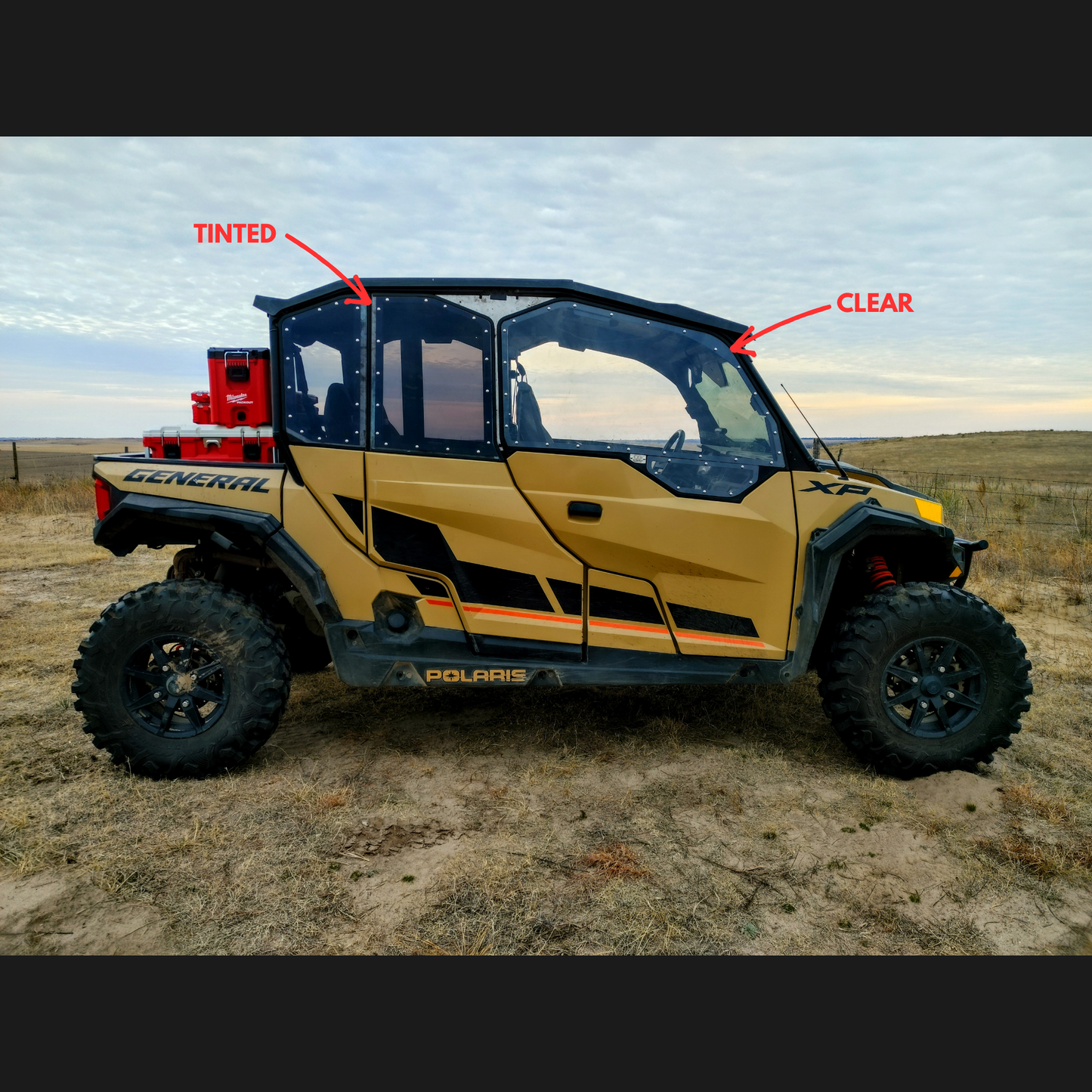 Showing the difference in tinted versus clear polycarbonate windows on the OnlyGenerals upper doors for the Polaris General