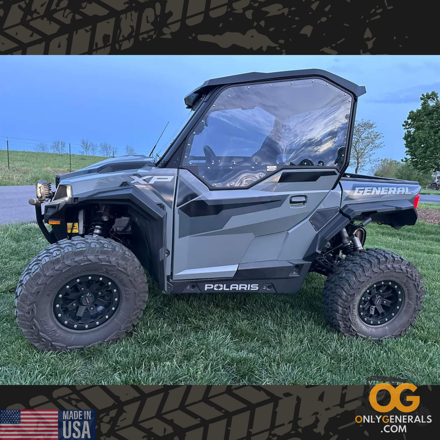 Customer submitted photo with a Polaris General showing off their SideskinsLITE hard upper doors from OnlyGenerals