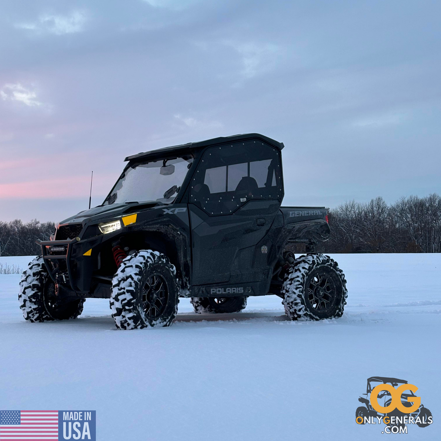 Customer submitted photo with a Polaris General showing off their SideskinsLITE hard upper doors from OnlyGenerals