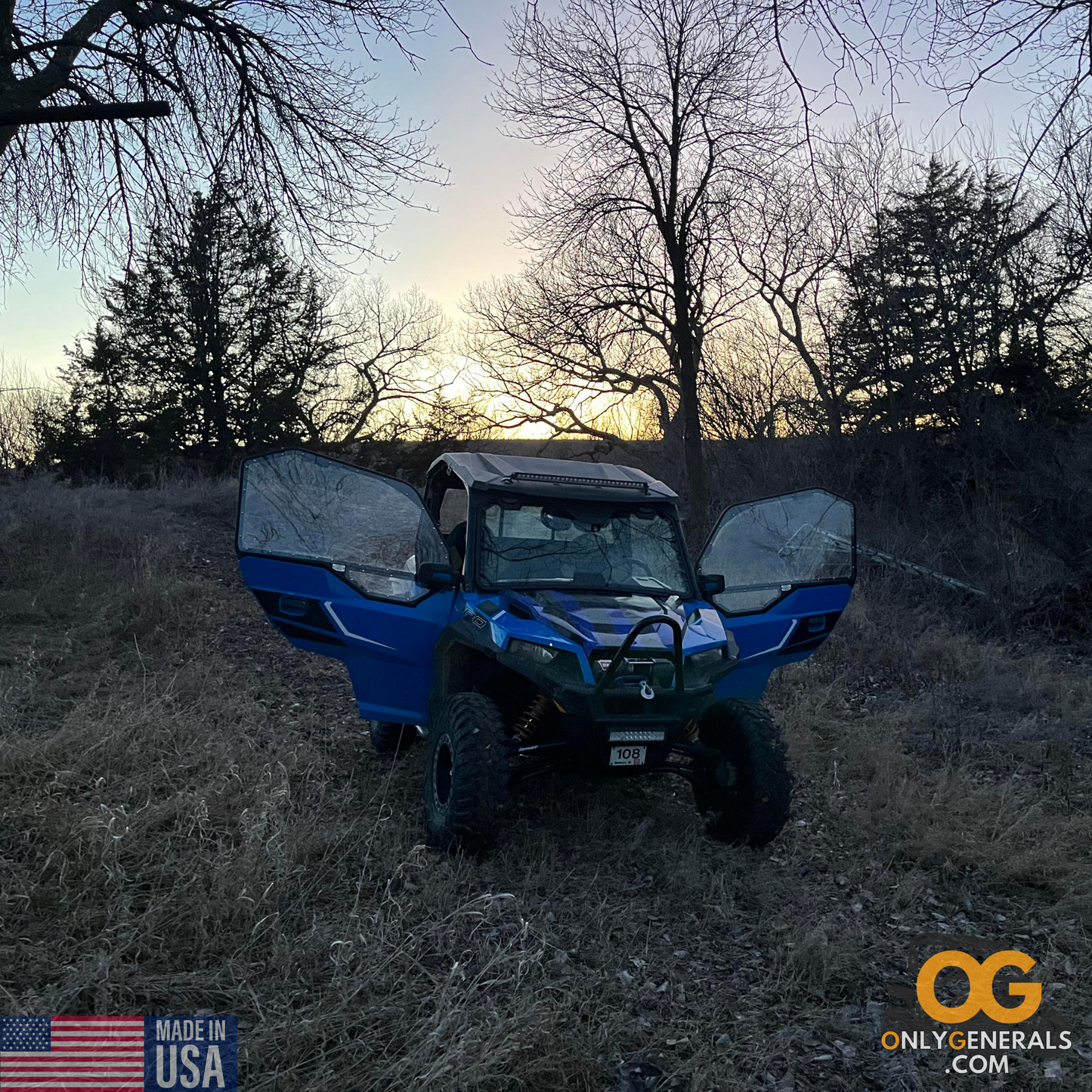 Customer submitted photo with a Polaris General with both doors open showing off their SideskinsLITE hard upper doors from OnlyGenerals