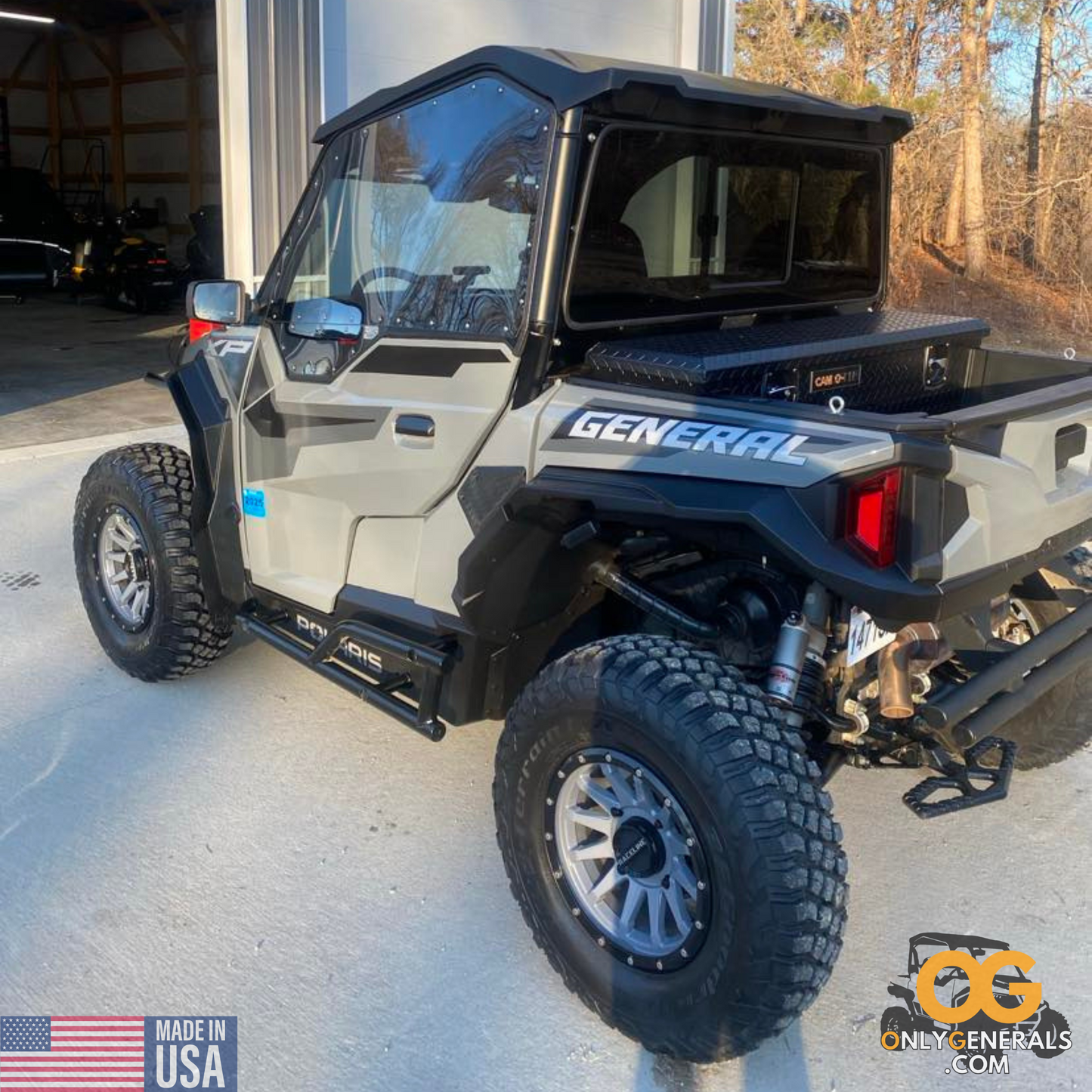 Customer submitted photo with a Polaris General showing off their BYOW rear sliding window & SideskinsLITE hard upper doors from OnlyGenerals
