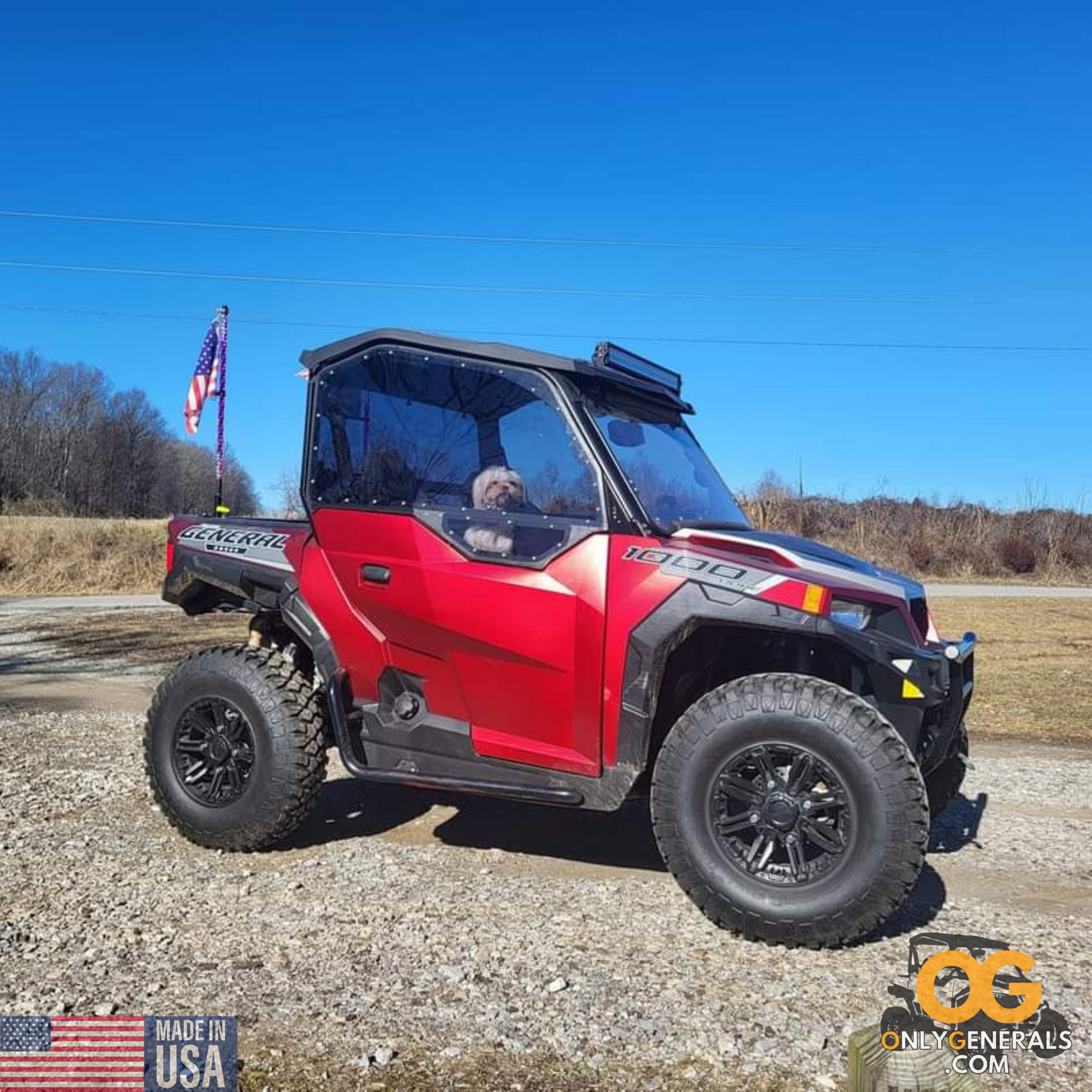 Customer submitted photo with a Polaris General and puppy showing off their SideskinsLITE hard upper doors from OnlyGenerals
