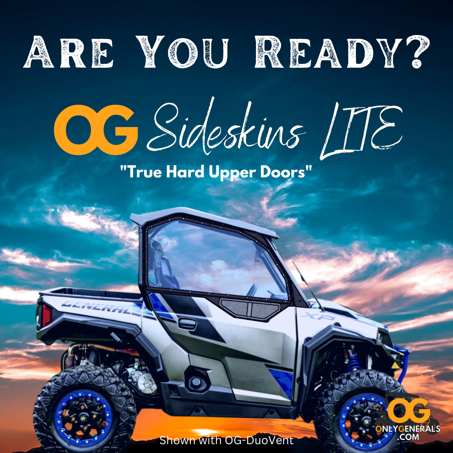 Advertisement flyer for Onlygenerals Sideskins LITE hard upper doors for the Polaris General