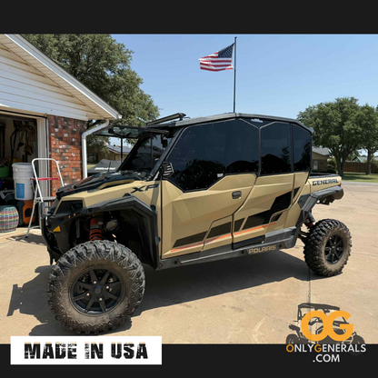 Polaris General with OG SideskinsLITE hard upper doors and American flag in background 