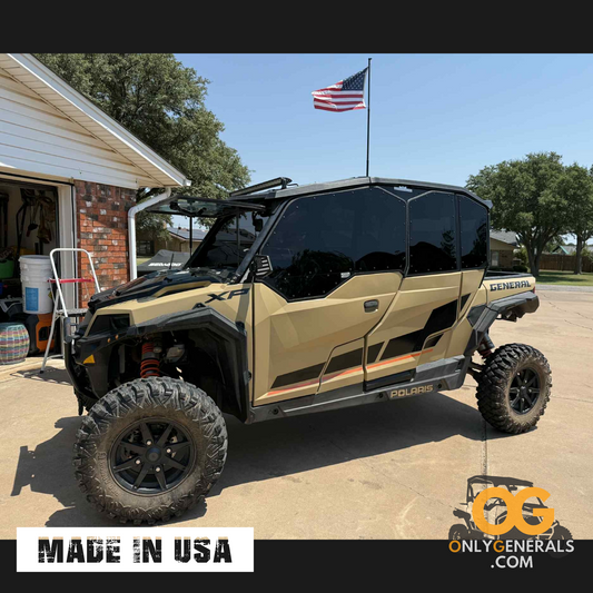 Polaris General with OG SideskinsLITE hard upper doors and American flag in background 