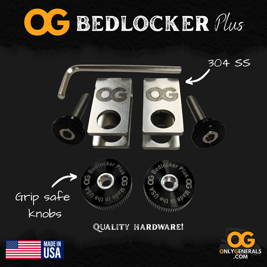 OG Bedlocker Plus hardware set with knobs and tool on a black background, featuring the OG logo and 'Made in USA' label.