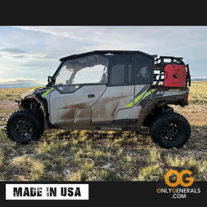 Side view of the OG SideskinLITE hard upper doors on a Polaris General in a grassland. 