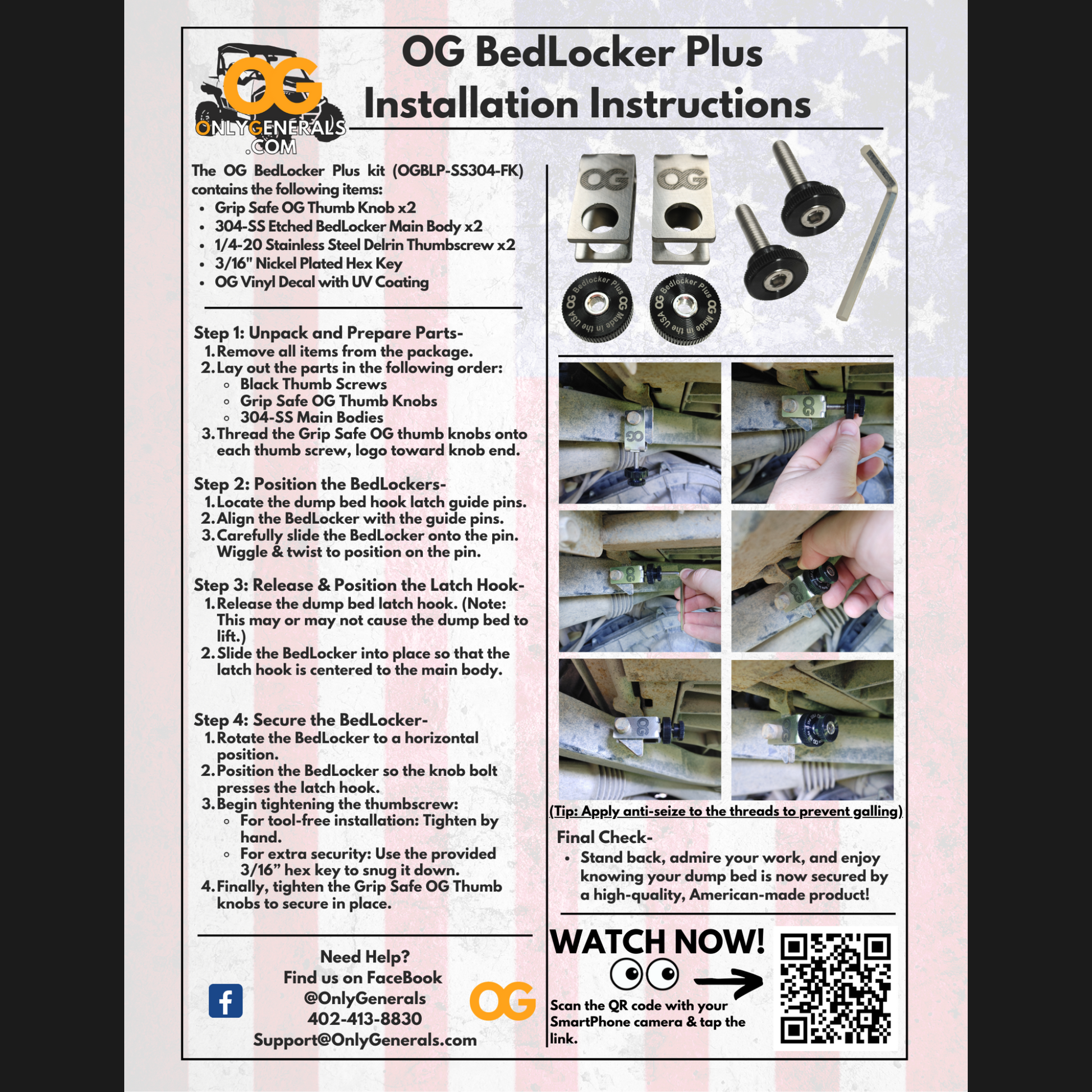 OG BedLocker Plus installation instructions with parts and step-by-step guide.