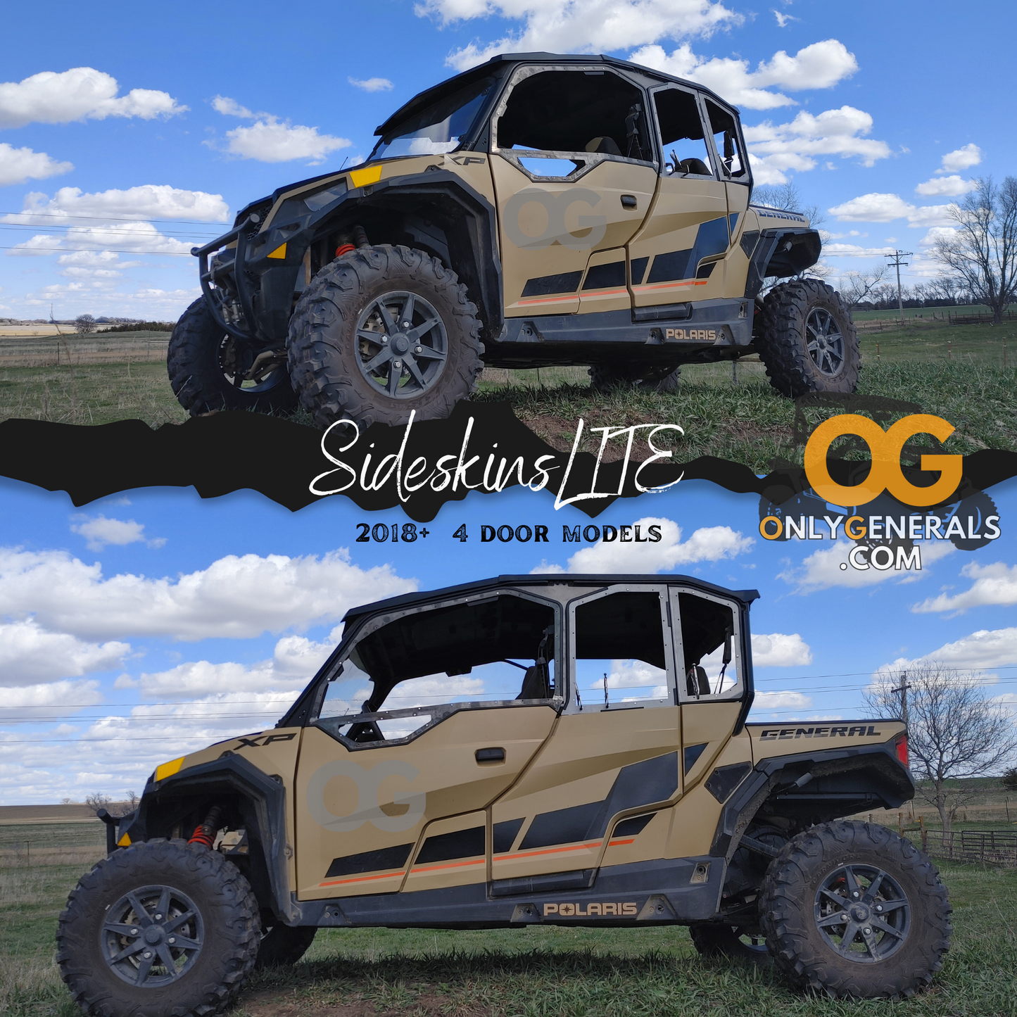 Banner showing two views of our prototype SideskinLITE hard upper doors on the G4/XP4 for the Polaris General 