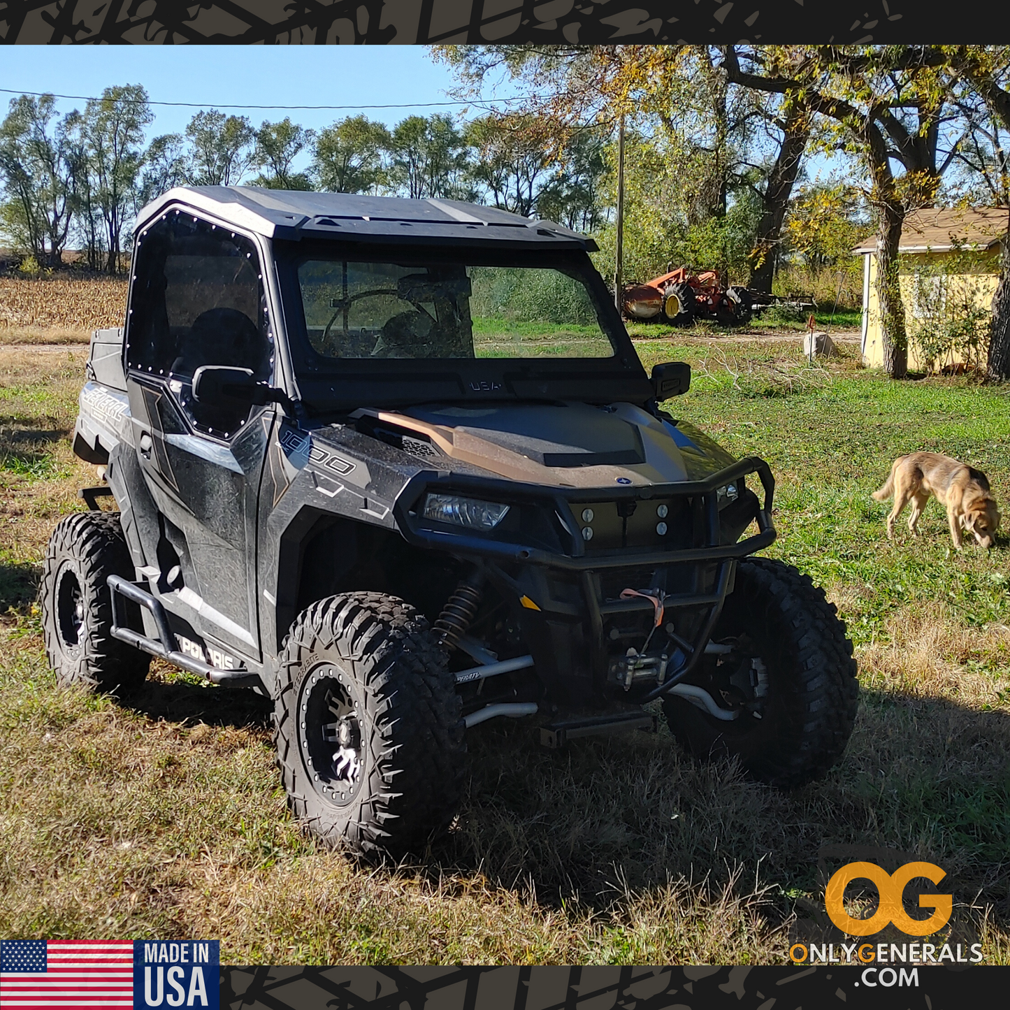 Showing the Polaris General Eliminator grill cover by OnlyGenerals installed on a two seat General with OG SideskinLITE upper doors.