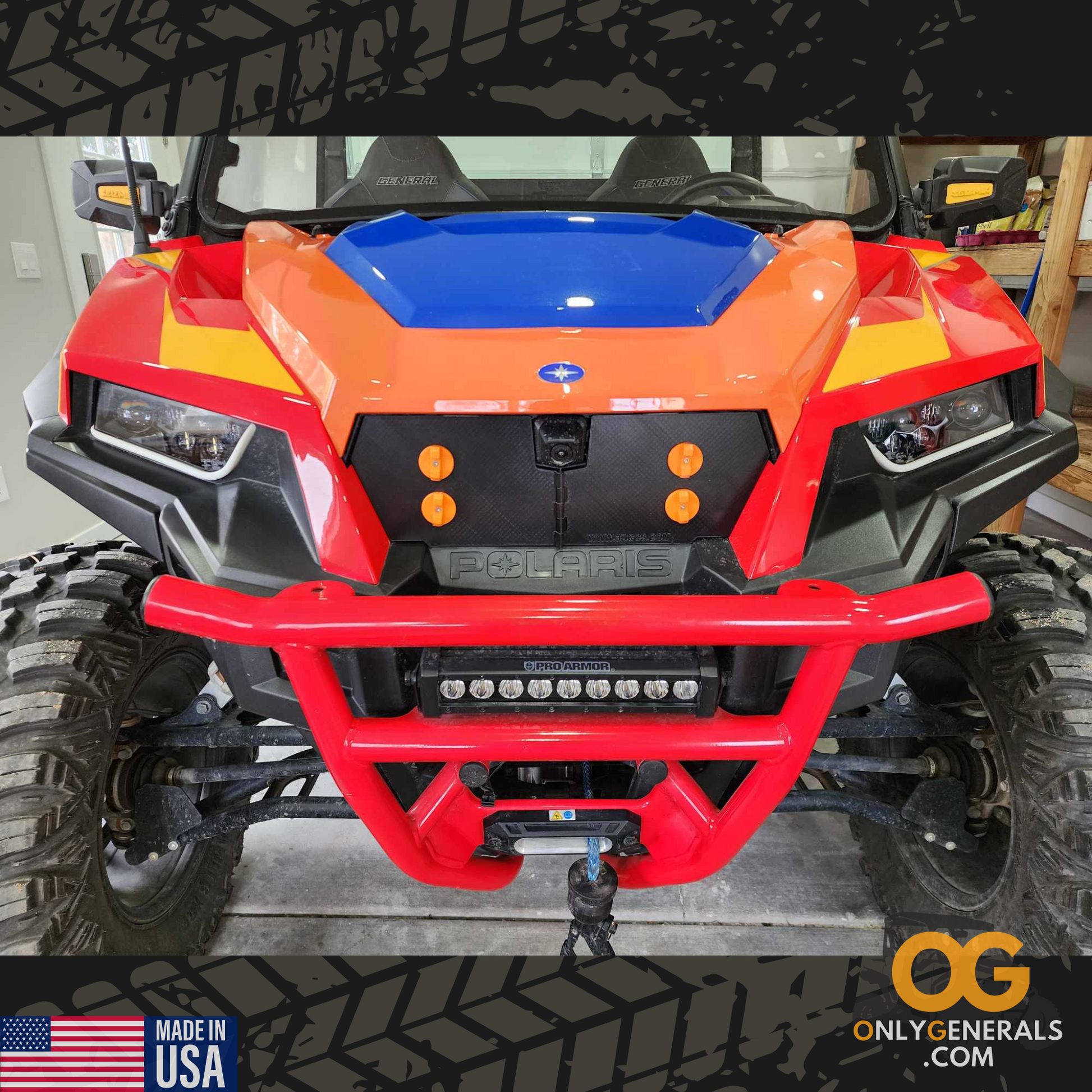 Showing the Polaris General Eliminator grill cover by OnlyGenerals installed on a Troy Lee designs General.