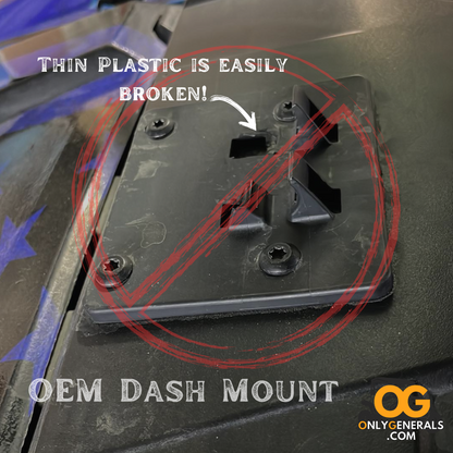 A warning photo showing a Polaris General dash mount with broken clips
