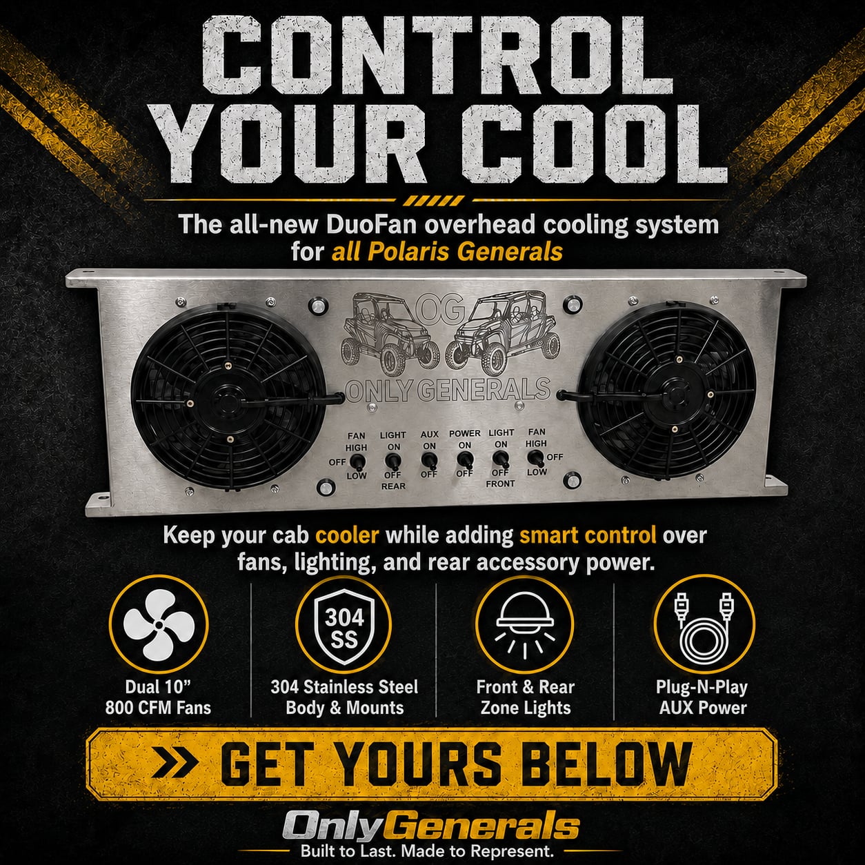 Advertisement for the DuoFan overhead cooling system for Polaris Generals with text and graphics on a dark background.