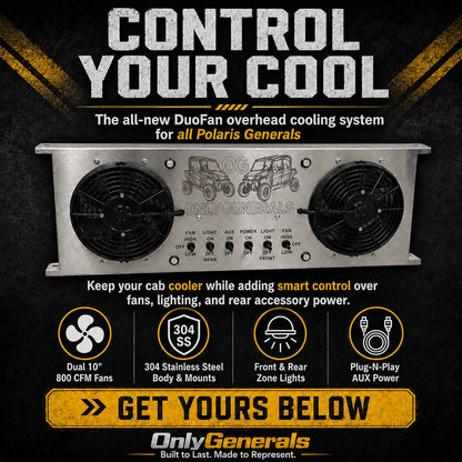 Advertisement for the DuoFan overhead cooling system for Polaris Generals with text and graphics on a dark background.