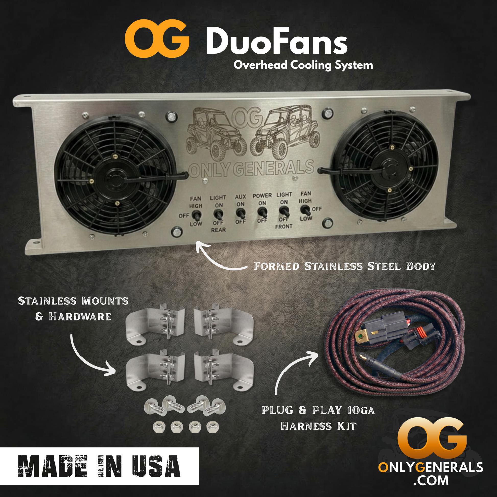 Showing the OnlyGenerals DuoFans Polaris General overhead cooling system with wiring and components on a dark background, featuring 'OG DuoFans' branding.