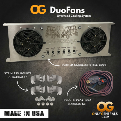 Showing the OnlyGenerals DuoFans Polaris General overhead cooling system with wiring and components on a dark background, featuring 'OG DuoFans' branding.