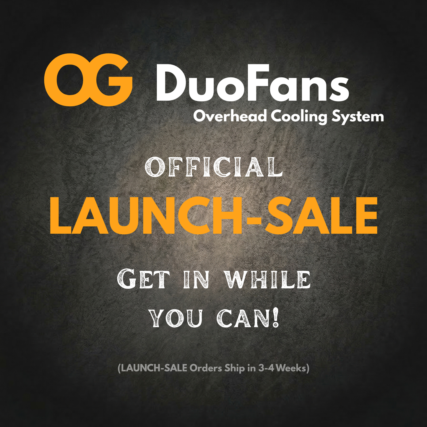 Advertisement for OG DuoFans Overhead Cooling System launch sale on a dark background
