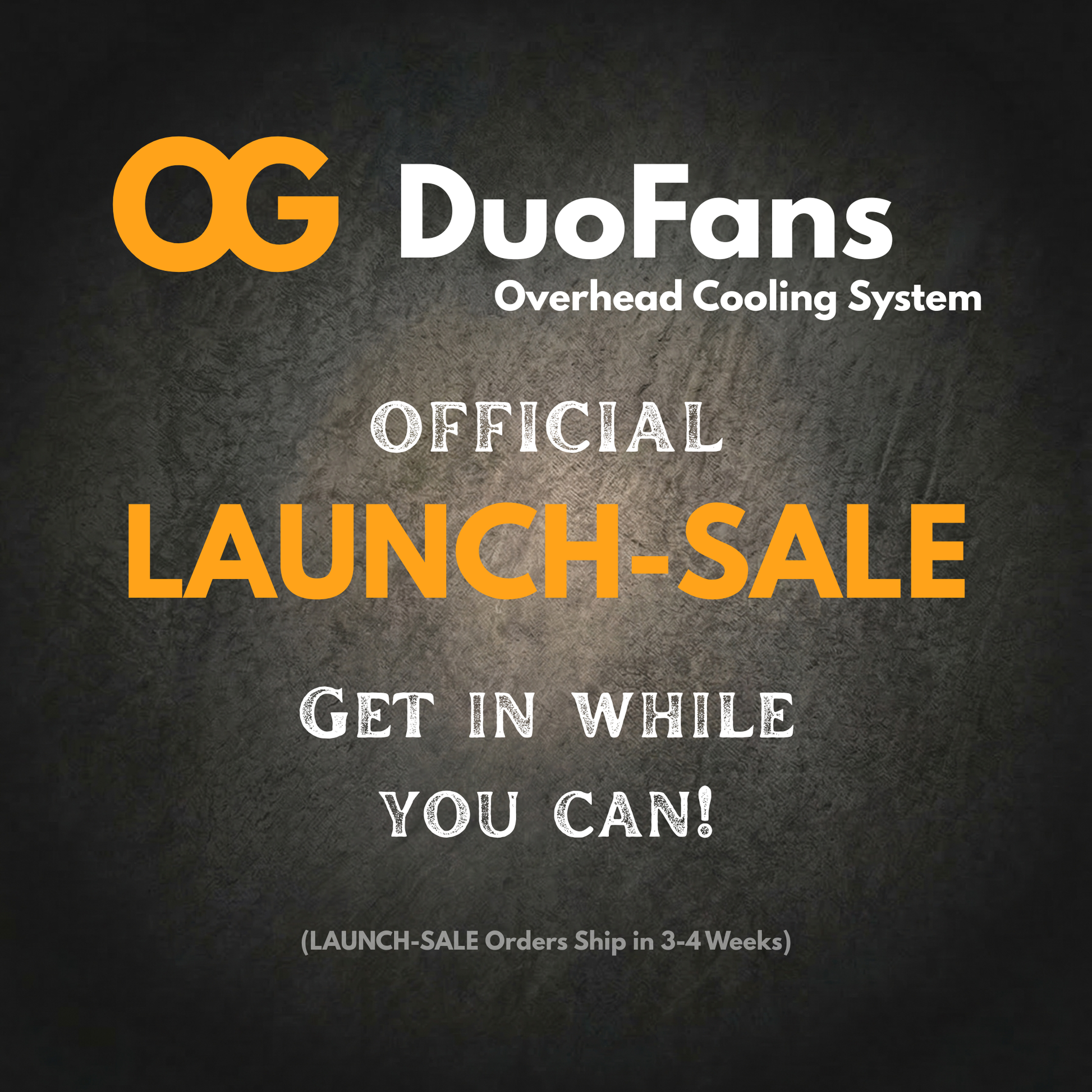 Advertisement for OG DuoFans Overhead Cooling System launch sale on a dark background