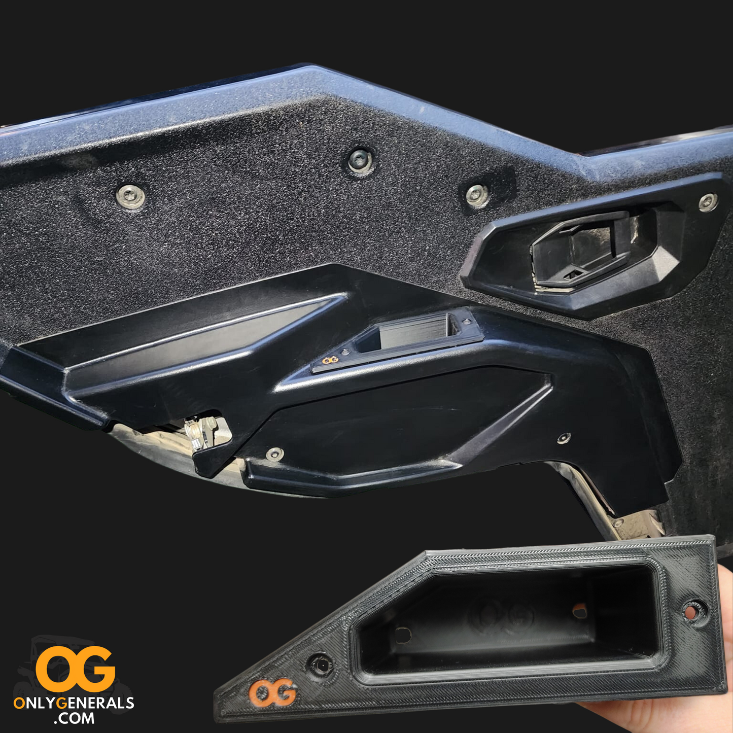 A compilation showing an installed driver side OG recessed door pull handle and a top down view of that handle for the polaris general.
