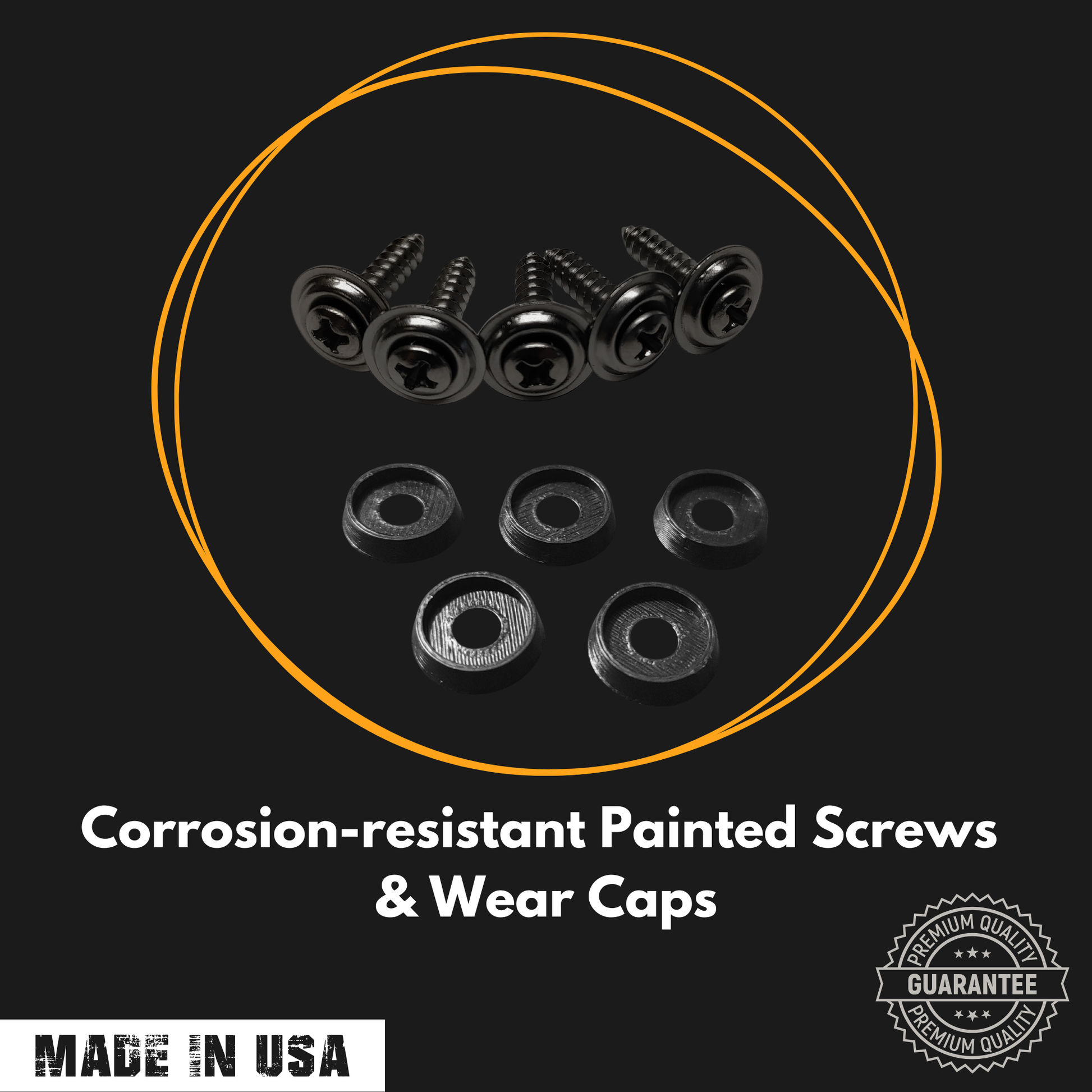 Corrosion-resistant painted screws and wear caps on a black background with 'Made in USA' label.