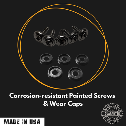 Corrosion-resistant painted screws and wear caps on a black background with 'Made in USA' label.