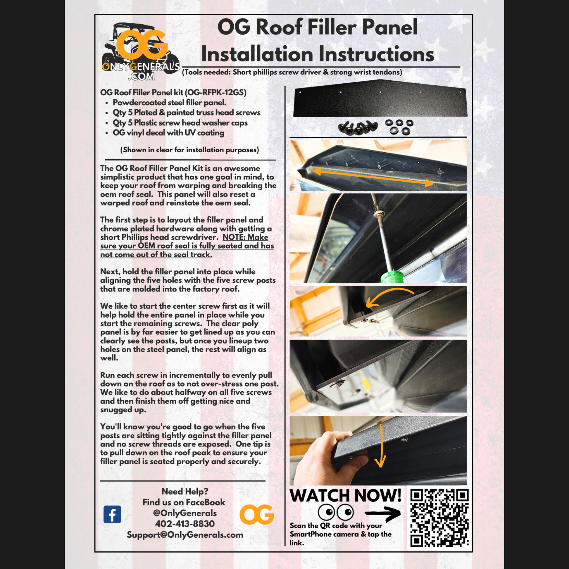 OG Roof Filler Panel installation instructions with text and images on a white background