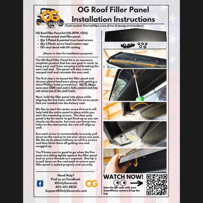 OG Roof Filler Panel installation instructions with text and images on a white background
