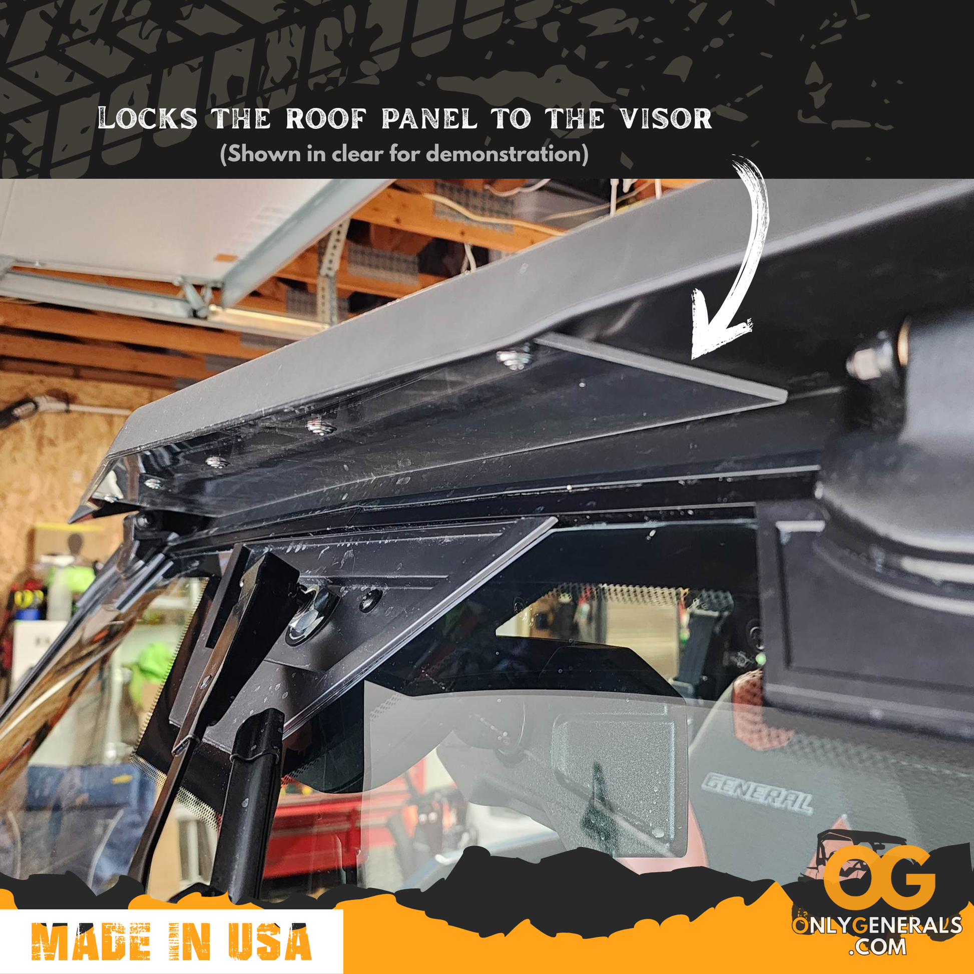Close-up photo of the OnlyGenerals roof filler panel installed on a Polaris General
