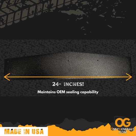 Text indicating 24-inch width with tire tread background, maintaining OEM sealing capability, and 'Made in USA' branding.