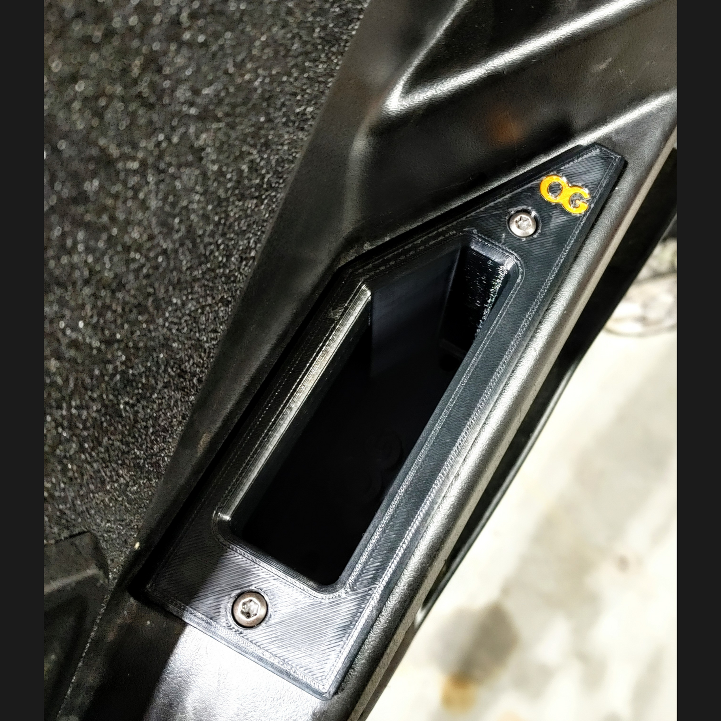 A second angle of the passenger side OG recessed door pull handle installed on the polaris general door.