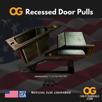 A set of OG Polaris General recessed door pulls with the marking template, drill bit, torx screws an American flag background and a Made in USA tag.